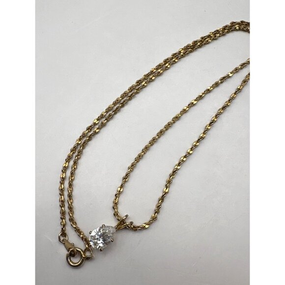 Gold Tone Necklace With Pear Cut Rhinestone Pendant Elegant - Picture 4 of 6